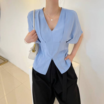 Vネックファッション半袖トップシャツ