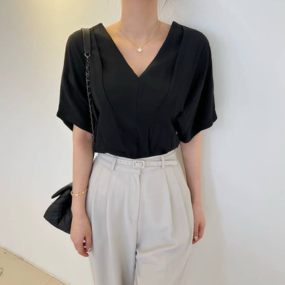 Vネックファッション半袖トップシャツ