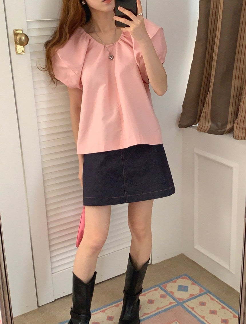 レトロラウンドネックシャツトップ