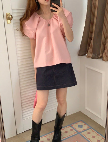 レトロラウンドネックシャツトップ