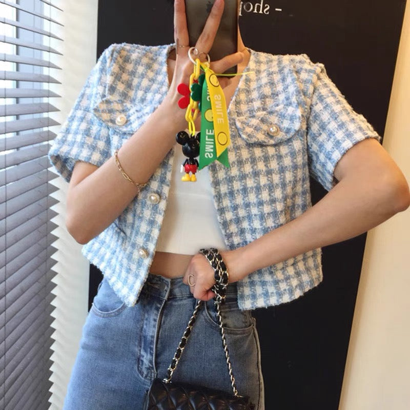 Vネックチェック半袖ツイードショートコート