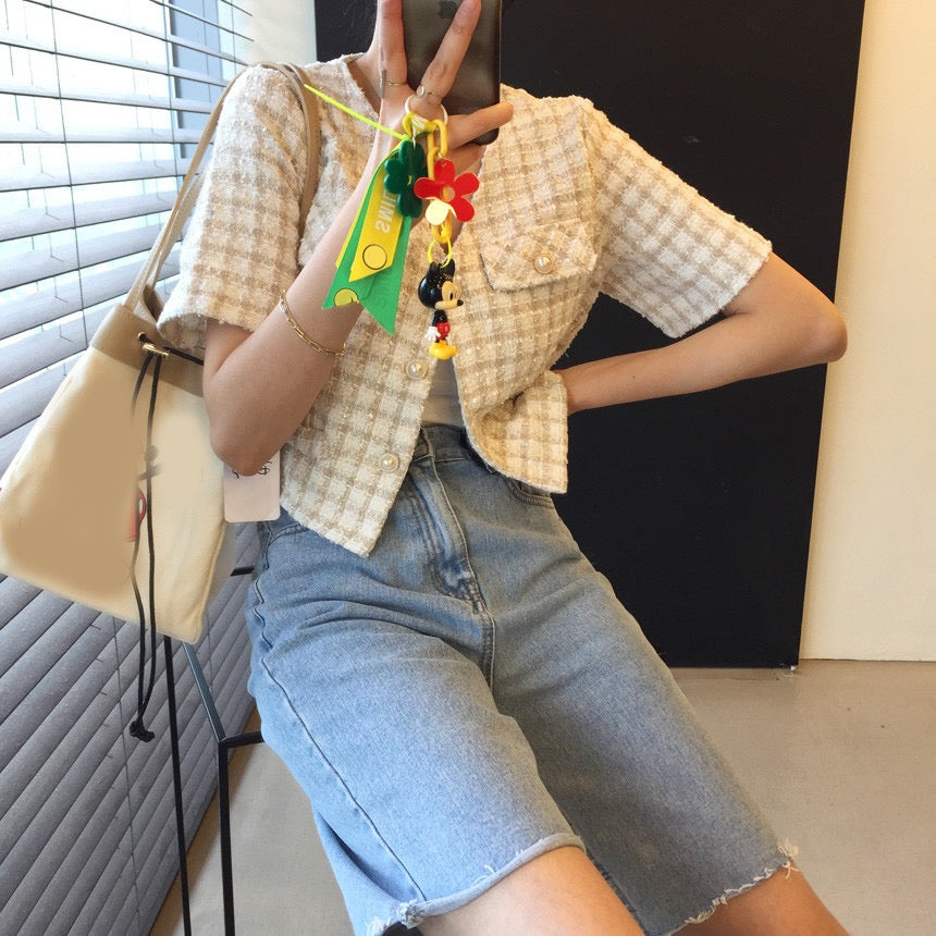 Vネックチェック半袖ツイードショートコート