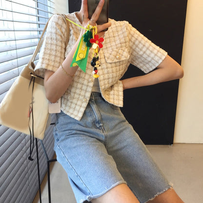 Vネックチェック半袖ツイードショートコート