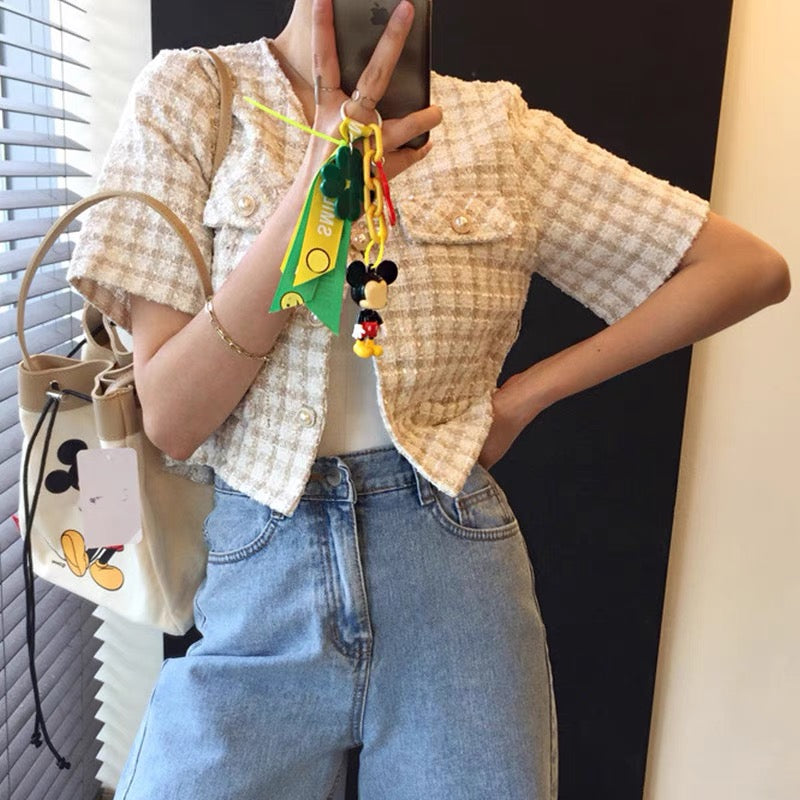 Vネックチェック半袖ツイードショートコート