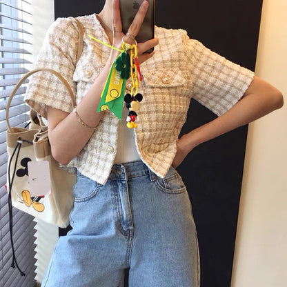 Vネックチェック半袖ツイードショートコート