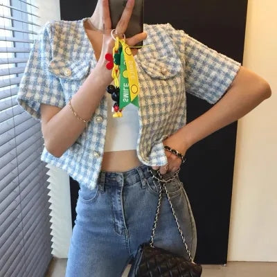 Vネックチェック半袖ツイードショートコート