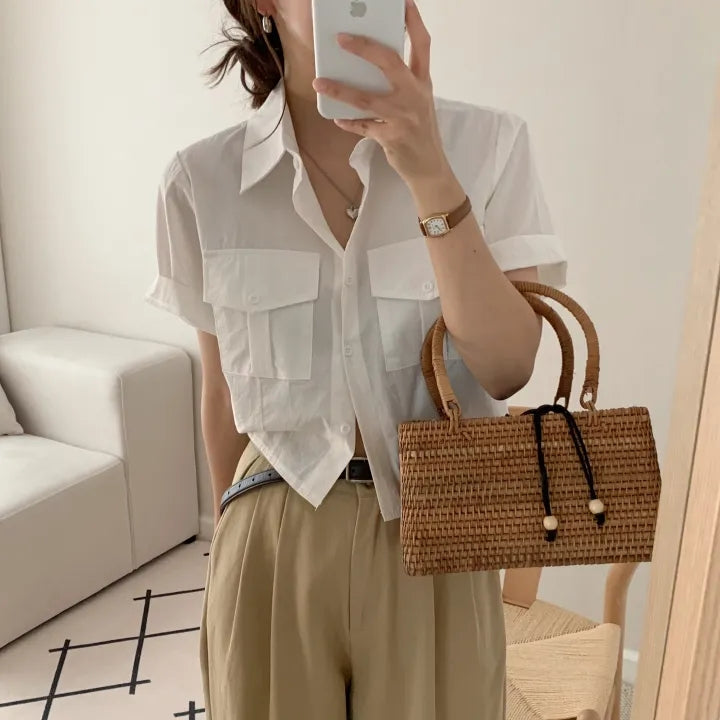 韓国夏レトロワークウェアシャツ