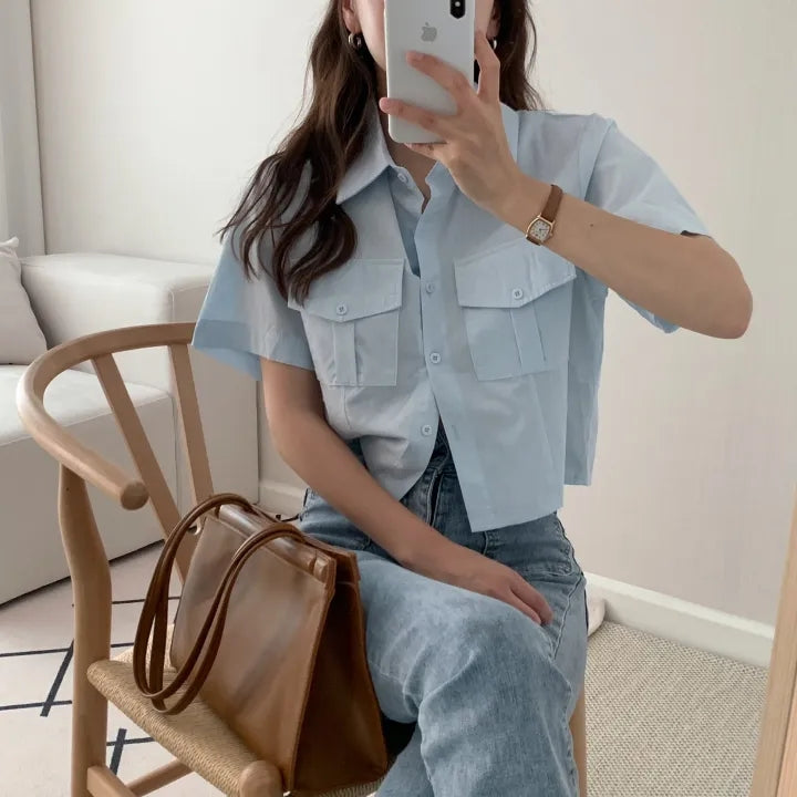 韓国夏レトロワークウェアシャツ