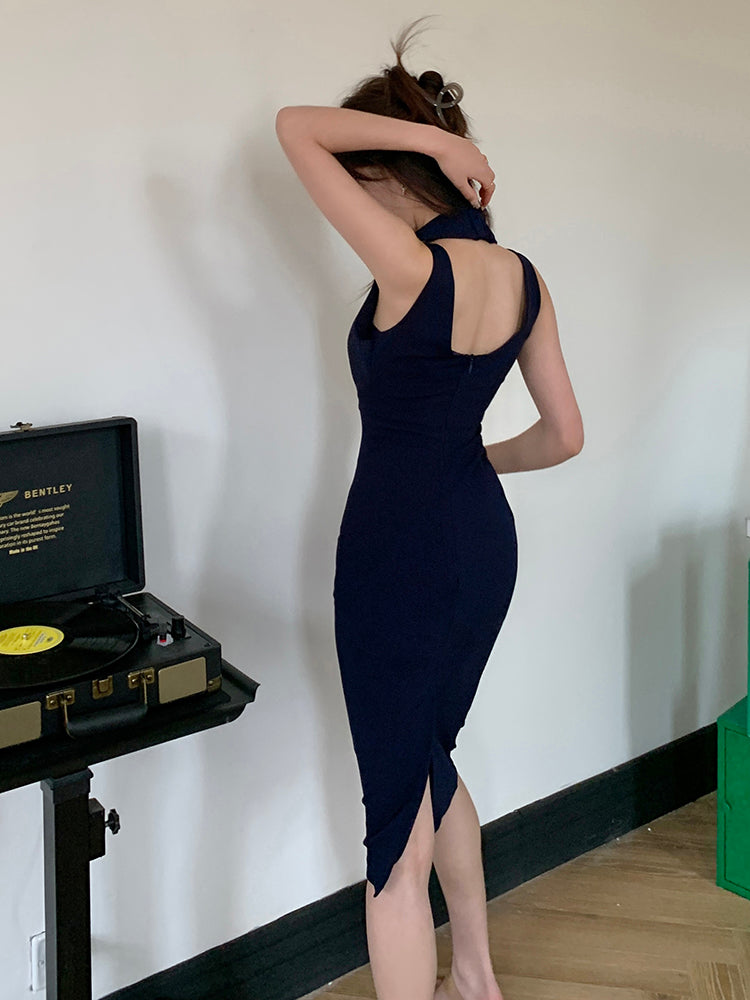 Vネックスプリットバッグヒップスカート