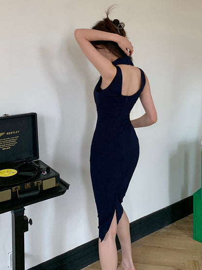 Vネックスプリットバッグヒップスカート