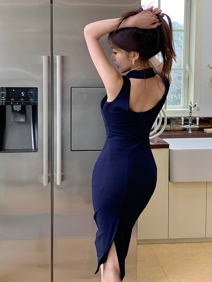 Vネックスプリットバッグヒップスカート