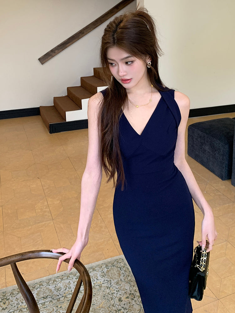 Vネックスプリットバッグヒップスカート