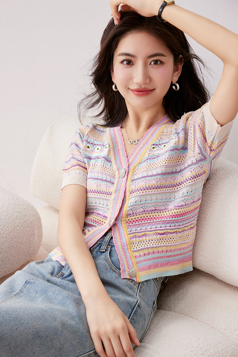 C1 ストライプレインボーニットカーディガン