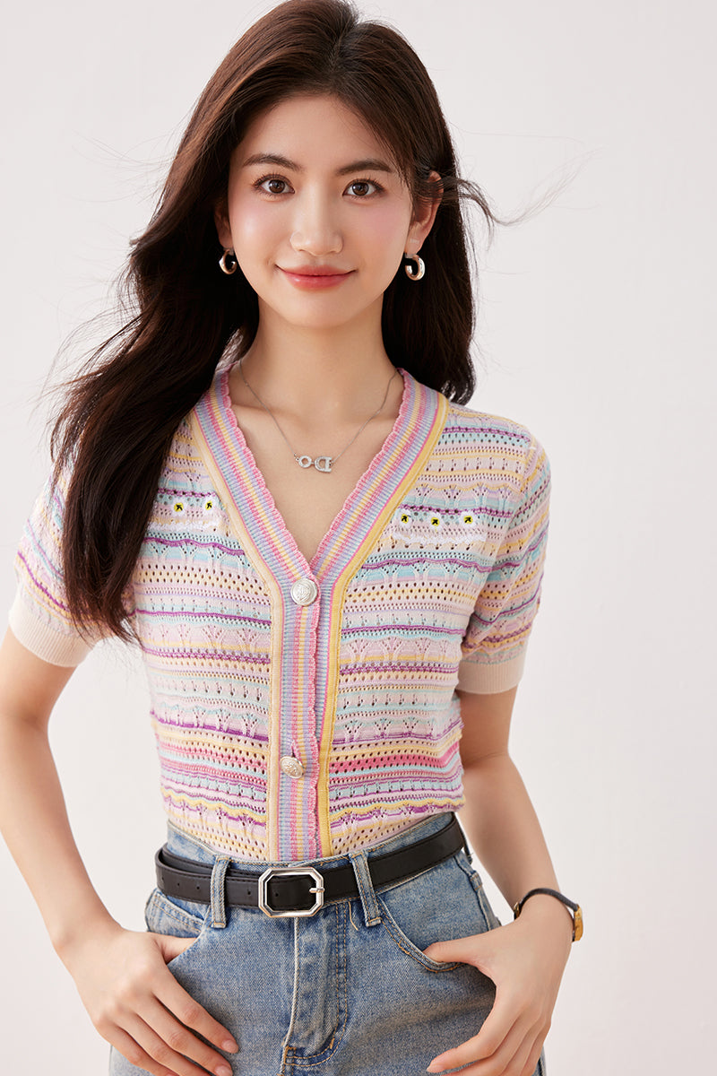 C1 ストライプレインボーニットカーディガン