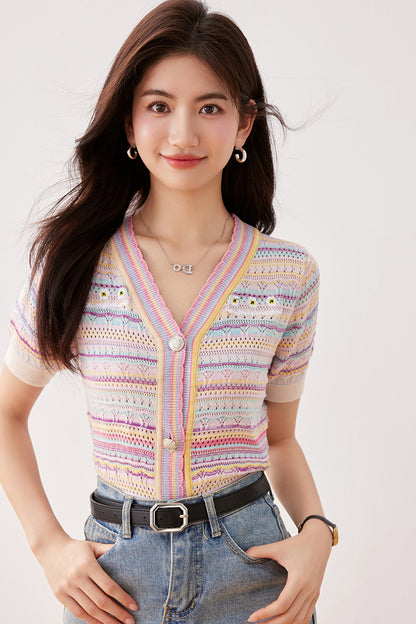 C1 ストライプレインボーニットカーディガン