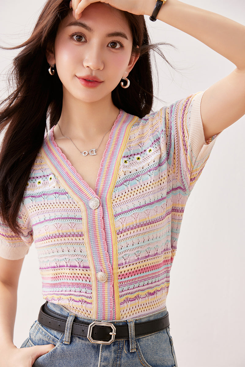 C1 ストライプレインボーニットカーディガン