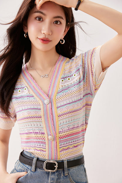 C1 ストライプレインボーニットカーディガン