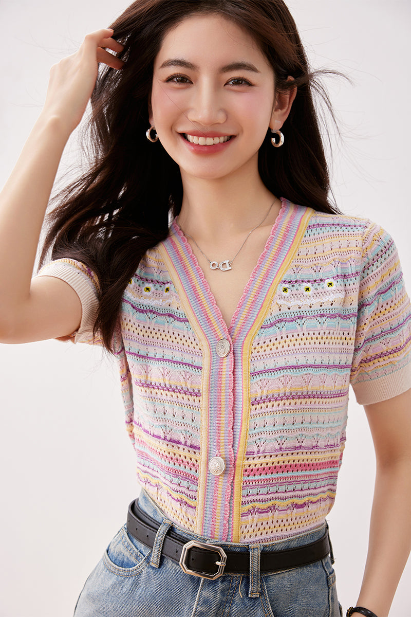 C1 ストライプレインボーニットカーディガン