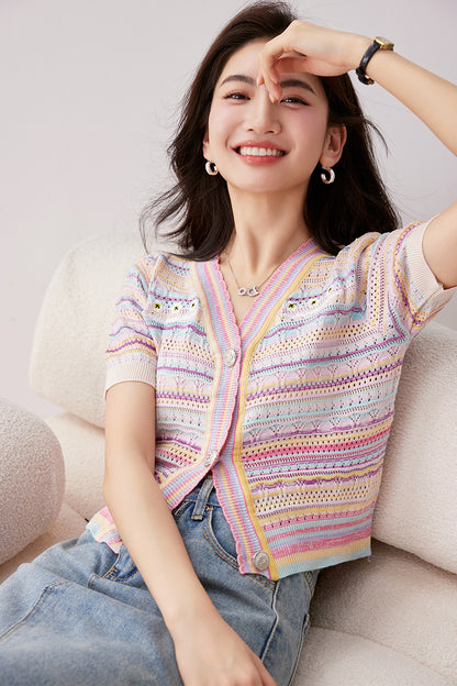 C1 ストライプレインボーニットカーディガン