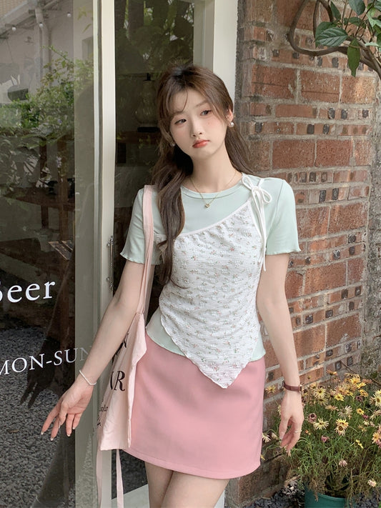 フローラルフェイクツーピースTシャツ