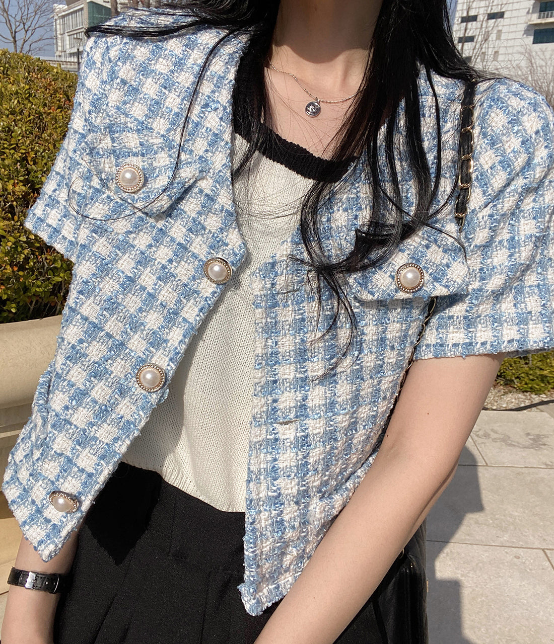 半袖チェック柄ショートジャケット
