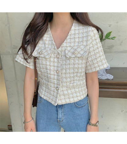 半袖チェック柄ショートジャケット