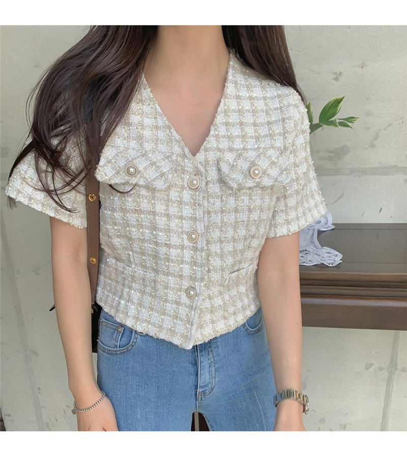 半袖チェック柄ショートジャケット