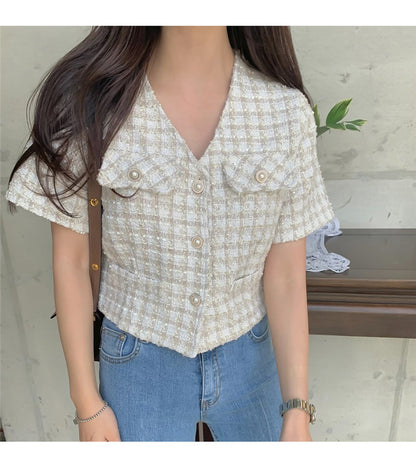 半袖チェック柄ショートジャケット