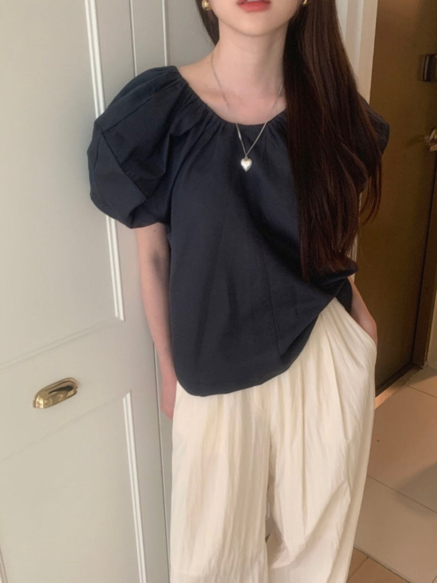 レトロラウンドネックシャツトップ