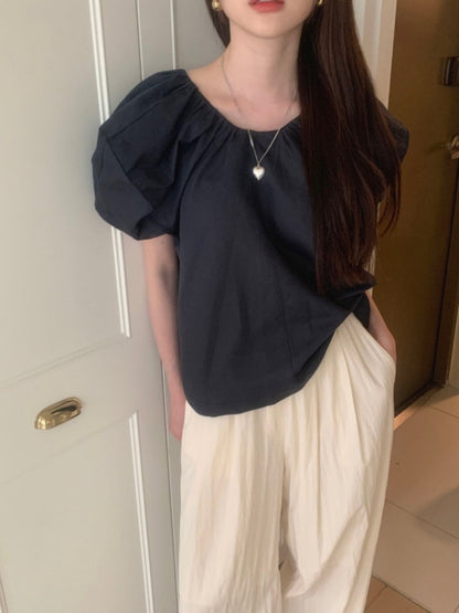 レトロラウンドネックシャツトップ