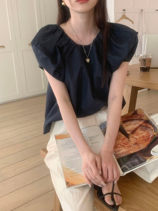 レトロラウンドネックシャツトップ