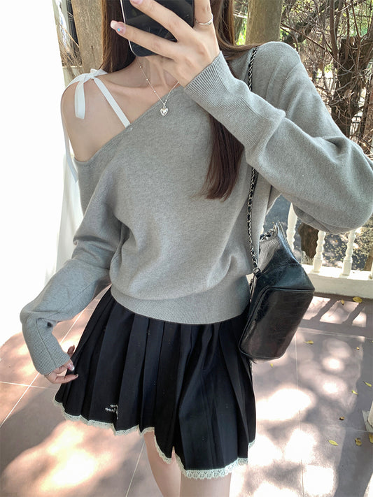 ワンショルダーレースアップ長袖セーター