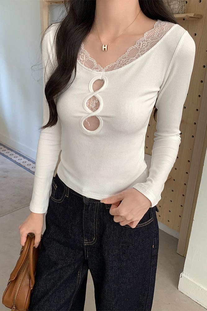 韓国風中空Vネック長袖Tシャツ