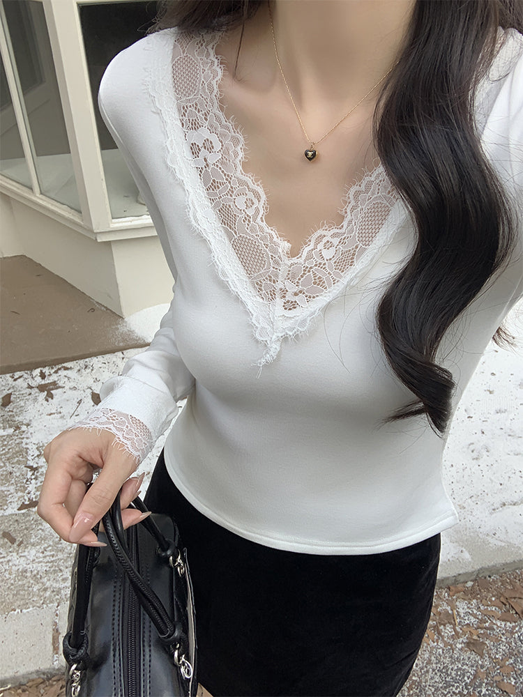 Vネック長袖ボトミングTシャツ