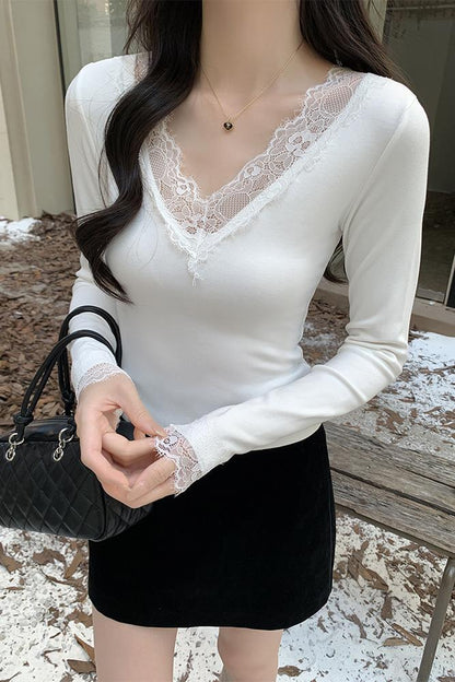 Vネック長袖ボトミングTシャツ