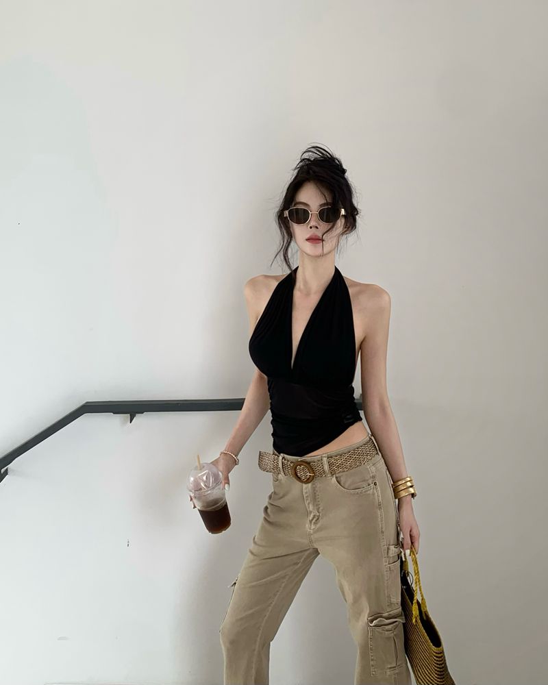 T3 Vネックプリーツメッシュトップ