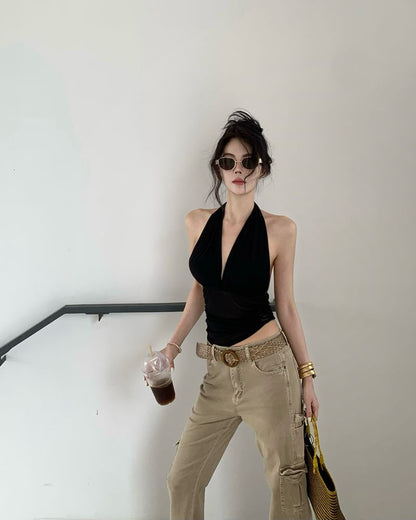 T3 Vネックプリーツメッシュトップ