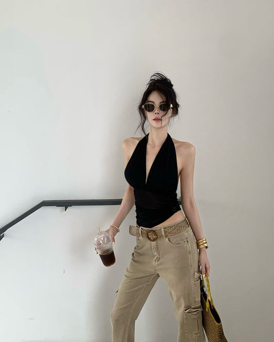 T3 Vネックプリーツメッシュトップ