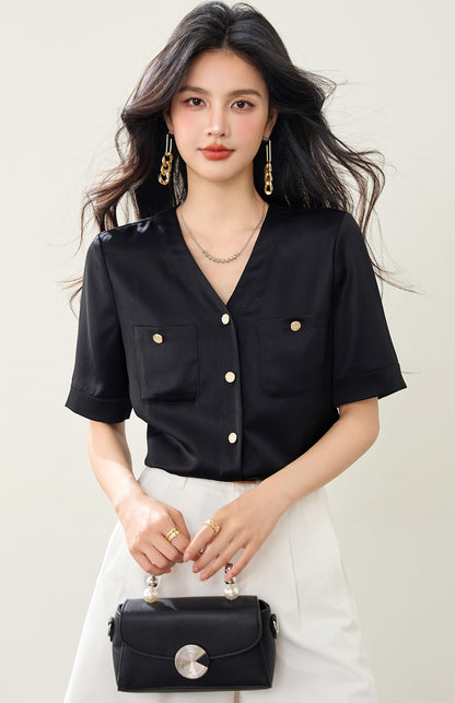 Vネック両面サテンアセテートシャツ