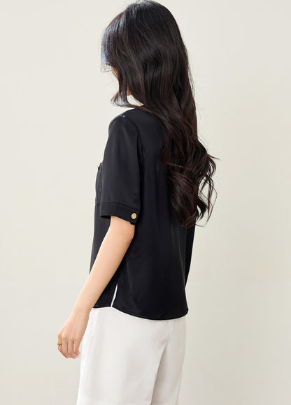 Vネック両面サテンアセテートシャツ