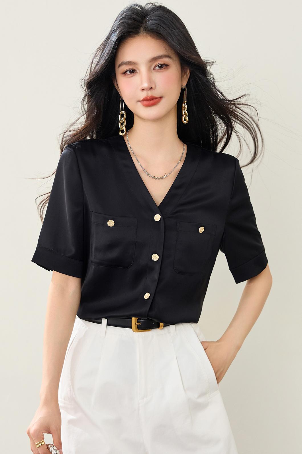 Vネック両面サテンアセテートシャツ