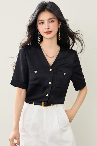 Vネック両面サテンアセテートシャツ