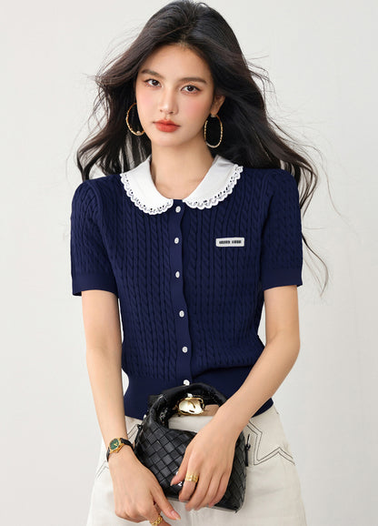 ラウンドネックロゴニット半袖トップス