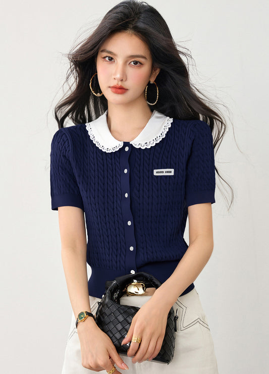 ラウンドネックロゴニット半袖トップス