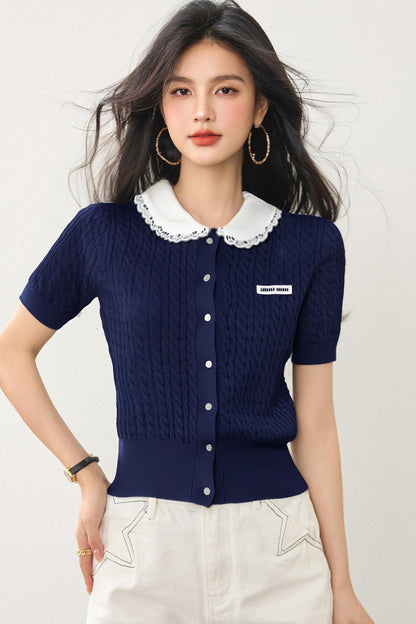 ラウンドネックロゴニット半袖トップス