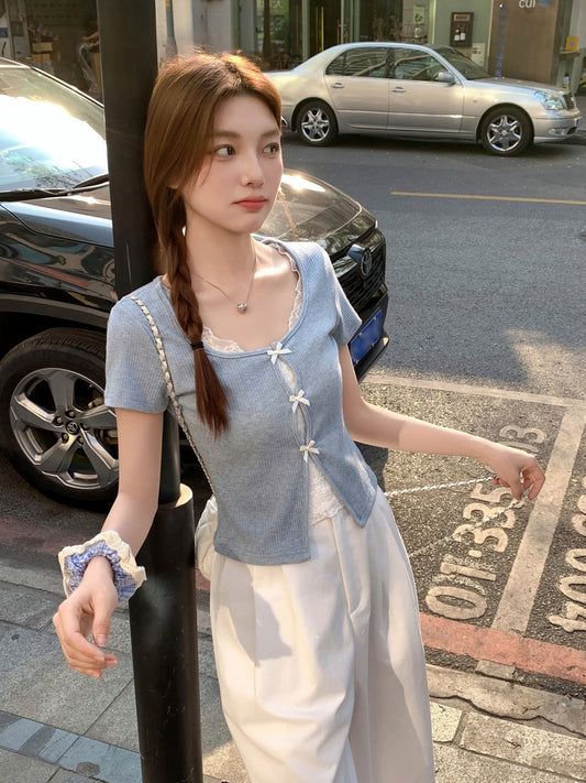 レースパッチワークフェイクツーピース半袖Tシャツ