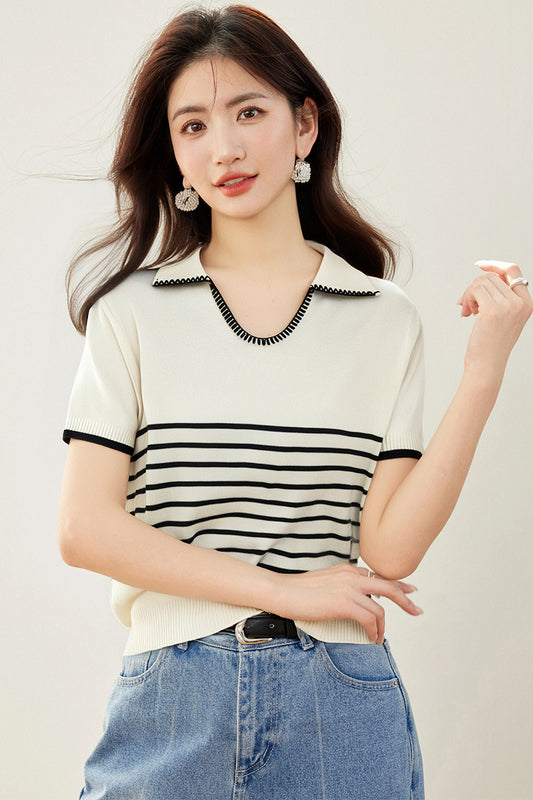 T11 コントラストストライプニットTシャツ