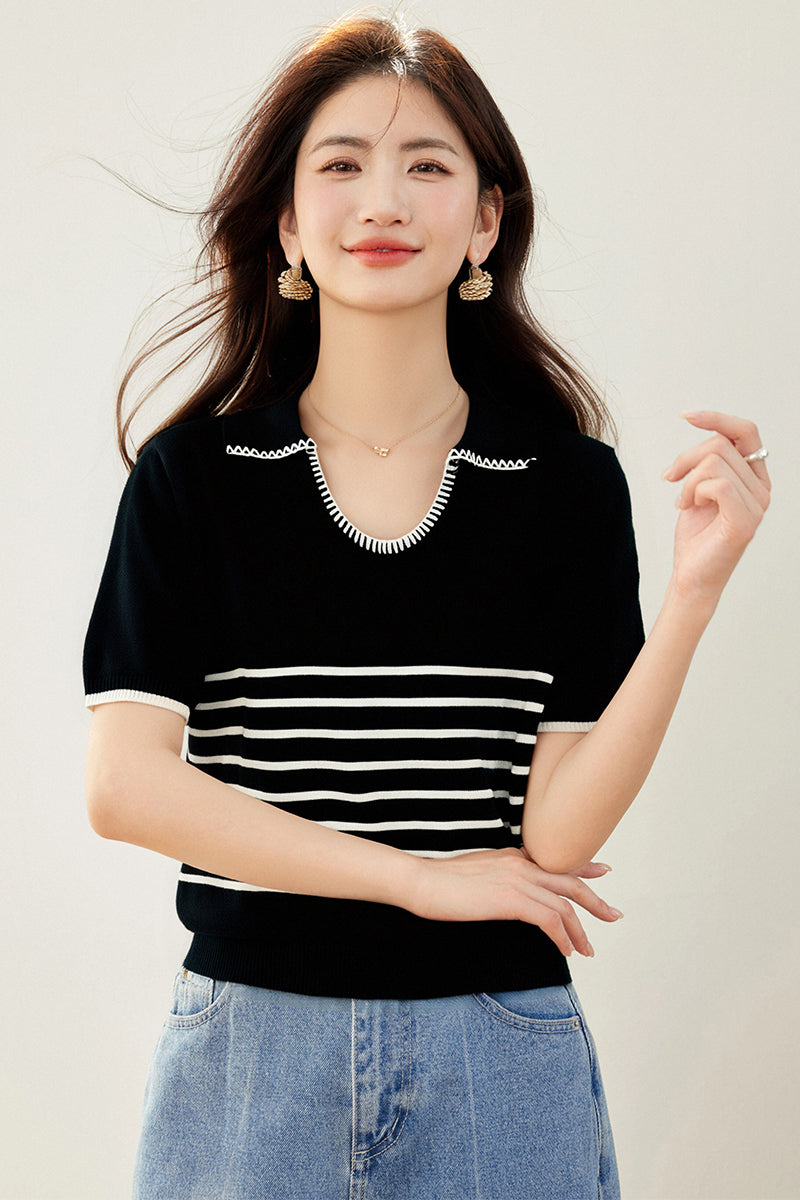 T11 コントラストストライプニットTシャツ