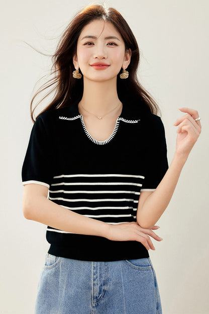 T11 コントラストストライプニットTシャツ