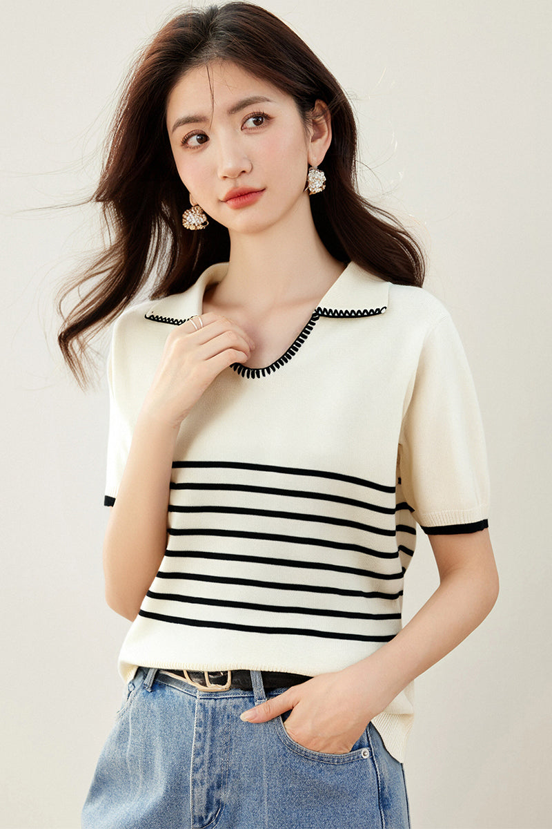 T11 コントラストストライプニットTシャツ